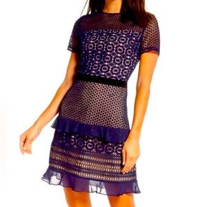 Chelsea28 Navy Lace Dress; Nude Liner Ruffles Cocktail Dress XS - NWT.